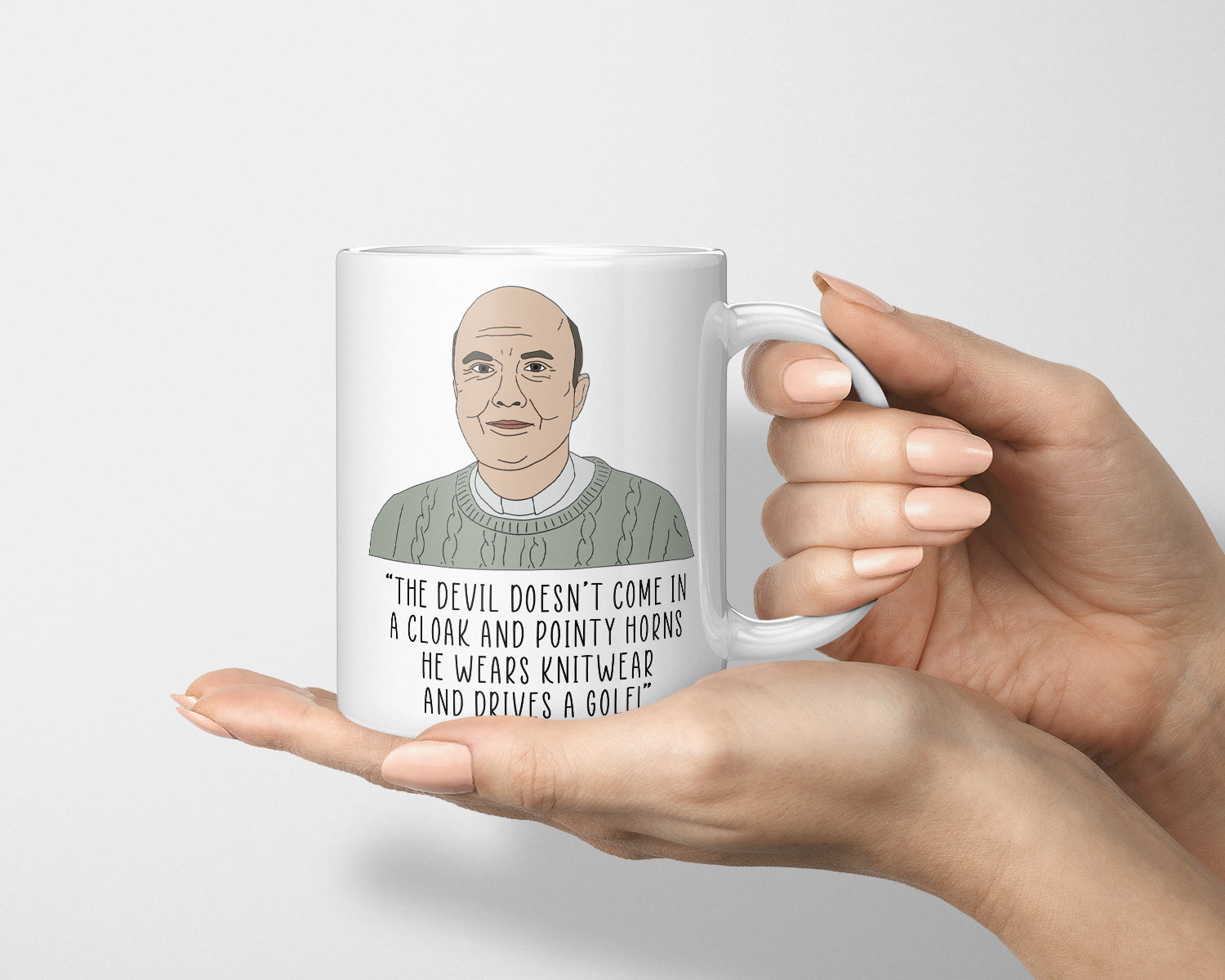 The Devil Doesn't Come In A Cloak, Pointy Horns, He Wears Knitwear & Drives A Golf, Vicar This Country Mug, Rev Francis Mug, This Country